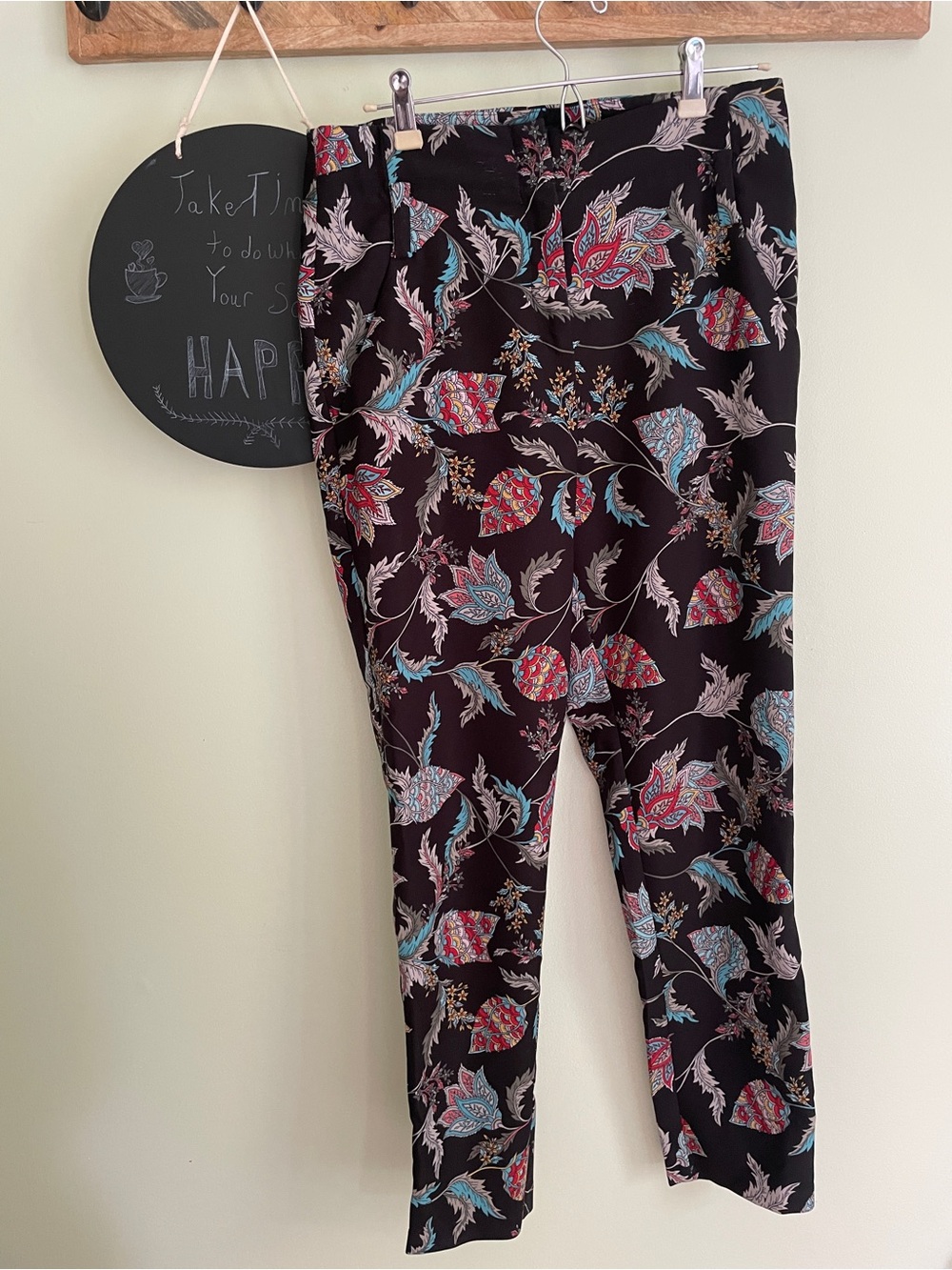 Black Floral-Print Stretch Trousers